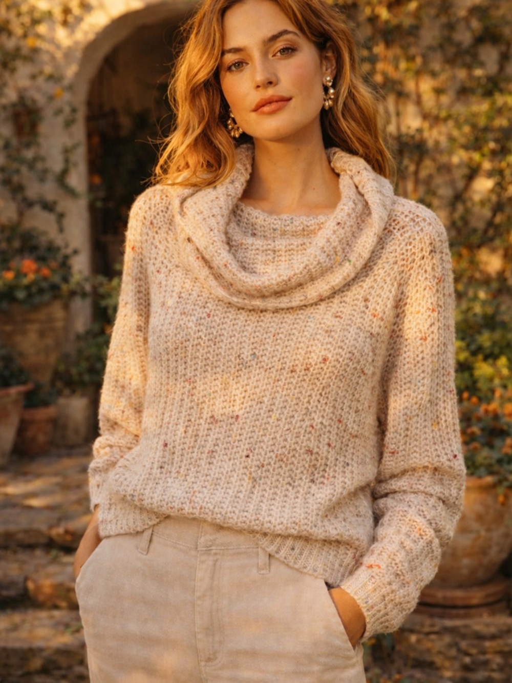 Moon & Madison Cowl Neck Sweater S Speckled Knit Cozy Cropped Boho